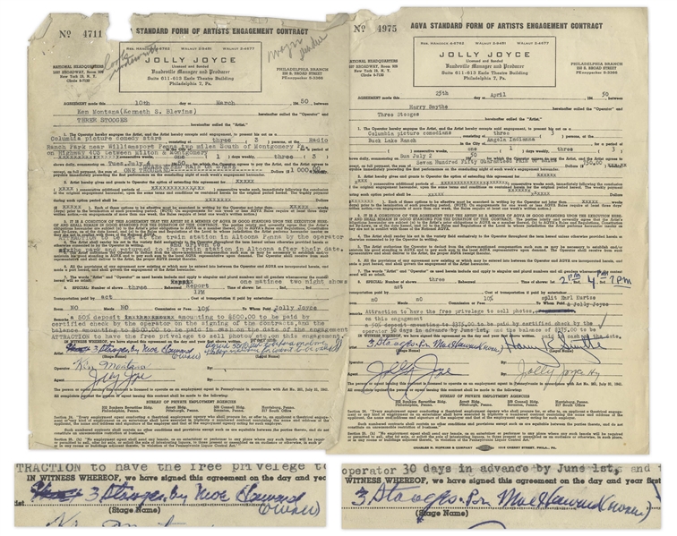 Two Contracts From 1950 Signed by Moe Howard as 3 Stooges by [or Per] Moe Howard (owner) -- For Three Stooges Appearances -- Both Measure 8.5 x 12 -- 1 in Good Plus Condition, Other Very Good 